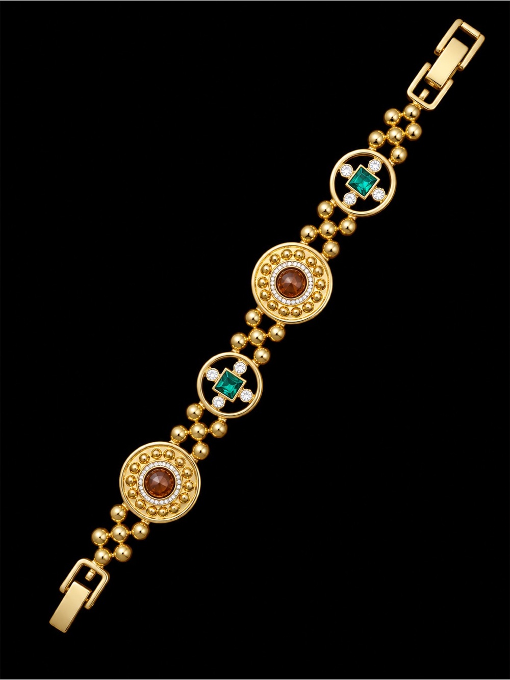 Gold-Tone Women's Bracelet with Green and Brown Gem Accents
